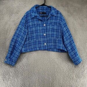 Zara Women's Blue Plaid Cropped Blazer
